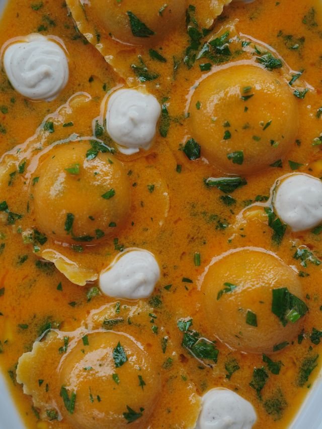 Saffron Butter Ravioli with Mozzarella Pearls