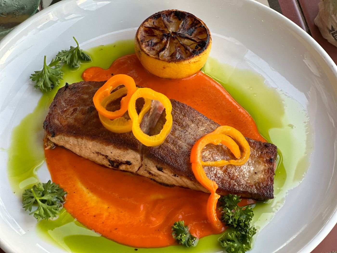 Crispy Fish over Red Pepper Sauce